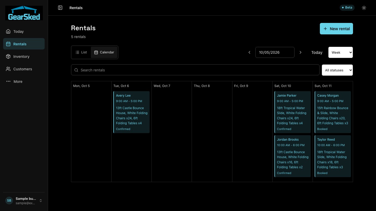 GearSked full-week rental calendar showing fictional customers and their booked equipment.